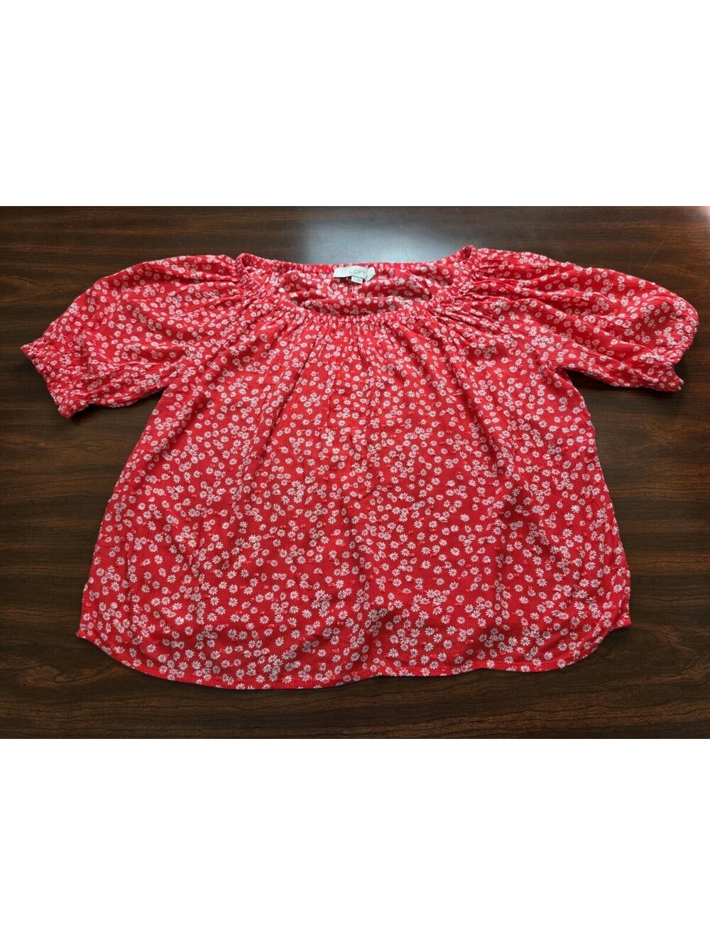 Loft Red White Floral Off The Shoulder Top Small Smocked Boho Cottagecore Blouse